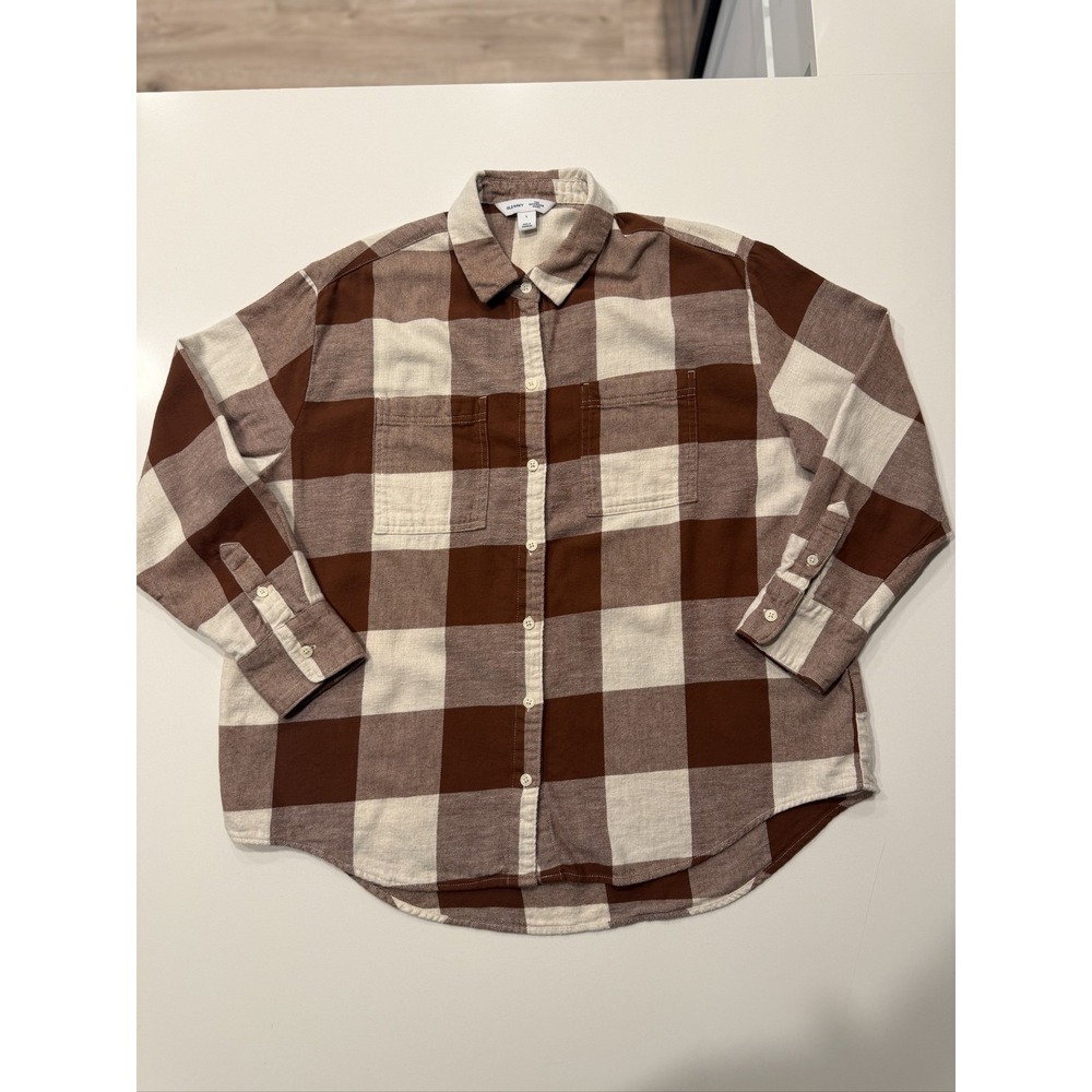 Old Navy The Boyfriend Shirt Women's L Brown Cream Plaid Flannel Long Sleeve